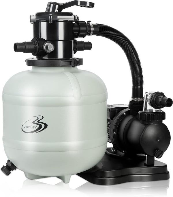 BlueBay Bomba de filtro de arena para piscina sobre el suelo, filtro de arena de piscina de 15 pulgadas 1/2 HP, 2250 GPH, hasta 12000 galones, válvula de 7 vías, fácil instalación, gris, juego de