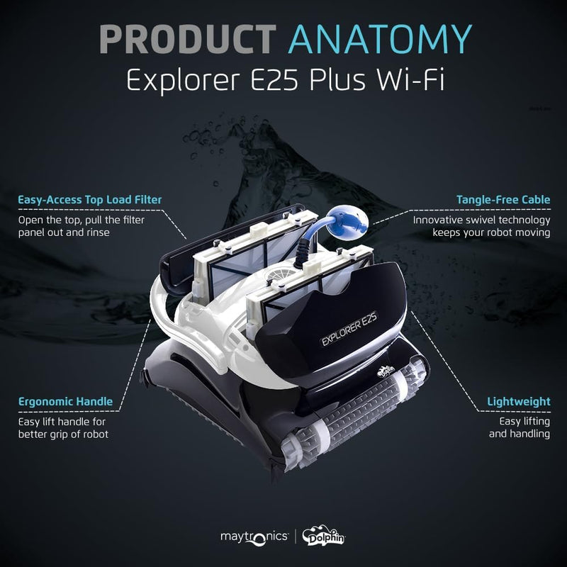 Dolphin (2025 Model) Explorer E25 Wi-Fi Robotic Pool Vacuum Cleaner Pools up to 50 FT - Waterline Scrubber Brush