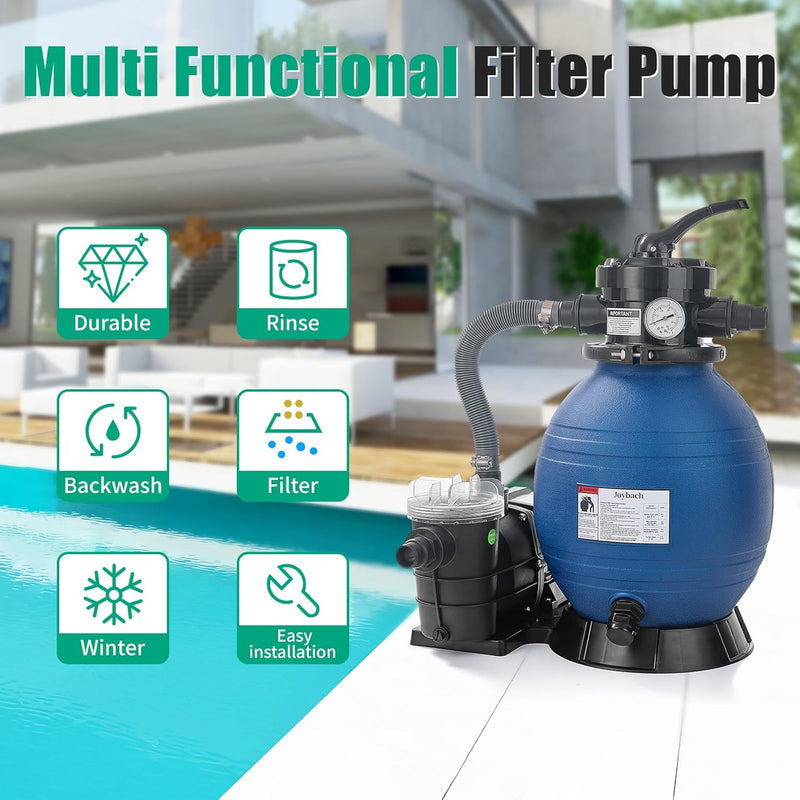 12 Inch Sand Pool Filter Pump, Sand Filter System 1/4 HP Pump High Flow 33 GPM 115V for Above Ground Swimming Pool Filter Sand with 4-Way Valve 250W Swimming Pool Pump