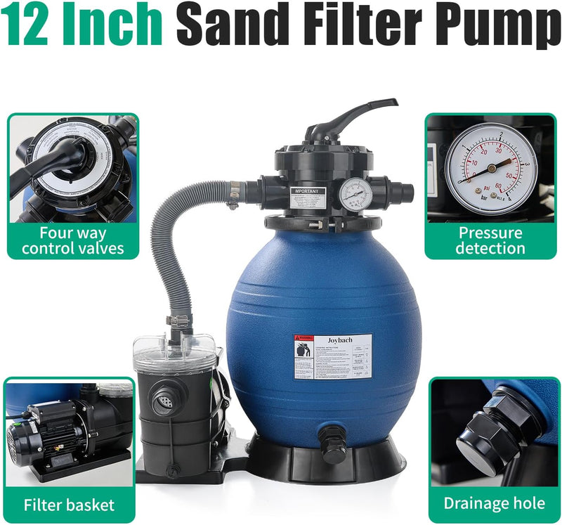 12 Inch Sand Pool Filter Pump, Sand Filter System 1/4 HP Pump High Flow 33 GPM 115V for Above Ground Swimming Pool Filter Sand with 4-Way Valve 250W Swimming Pool Pump