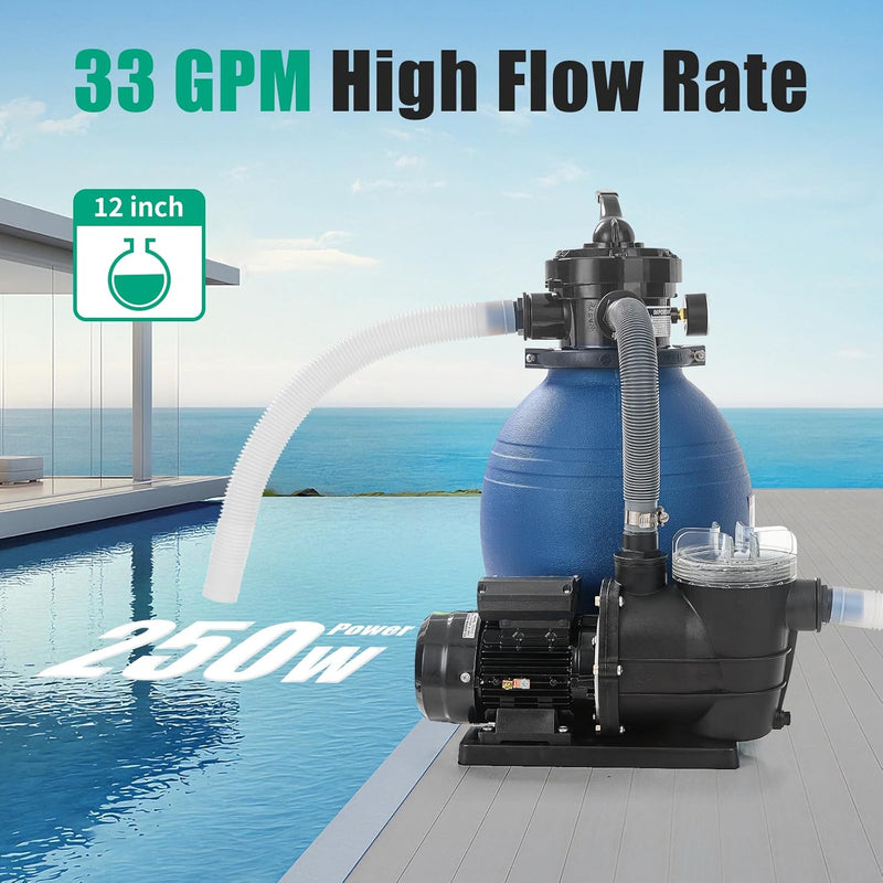 12 Inch Sand Pool Filter Pump, Sand Filter System 1/4 HP Pump High Flow 33 GPM 115V for Above Ground Swimming Pool Filter Sand with 4-Way Valve 250W Swimming Pool Pump