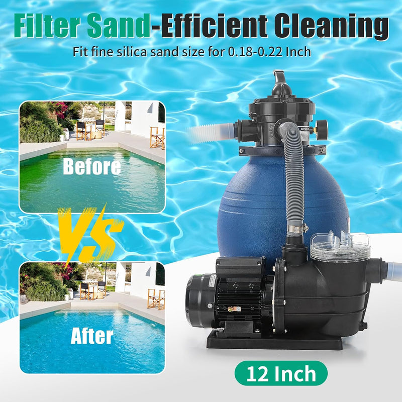 12 Inch Sand Pool Filter Pump, Sand Filter System 1/4 HP Pump High Flow 33 GPM 115V for Above Ground Swimming Pool Filter Sand with 4-Way Valve 250W Swimming Pool Pump