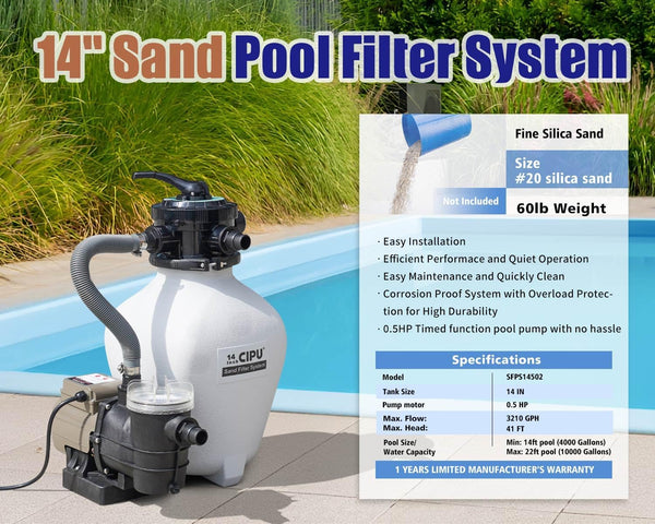 14 inch Sand Filter Pump System Handy 6-Way Valve for Above Ground Pools with 0.5HP Prefilter Pool Pump with Timer 115V 25FT Inline GFCI Power Cord for Easy Installation